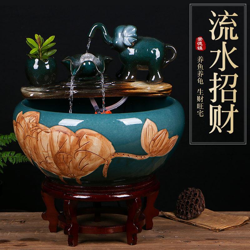 景德镇陶瓷流水鱼缸家用喷泉养鱼盆大号碗莲盆乌龟缸客厅造景摆件