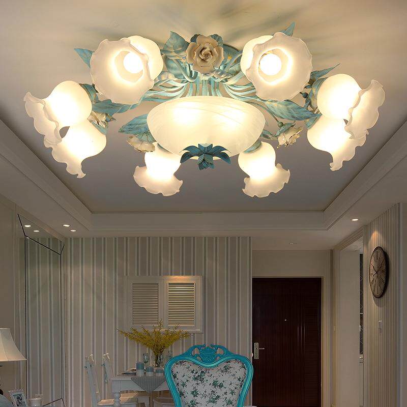 蓝色田园吸顶灯客厅卧室灯别墅民宿女孩房间灯铁艺玫瑰花朵灯饰