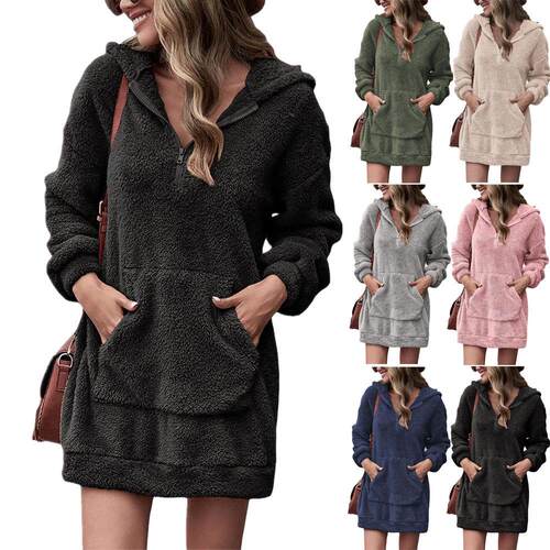 Women's double-sided velvet hooded zipper plush pocket