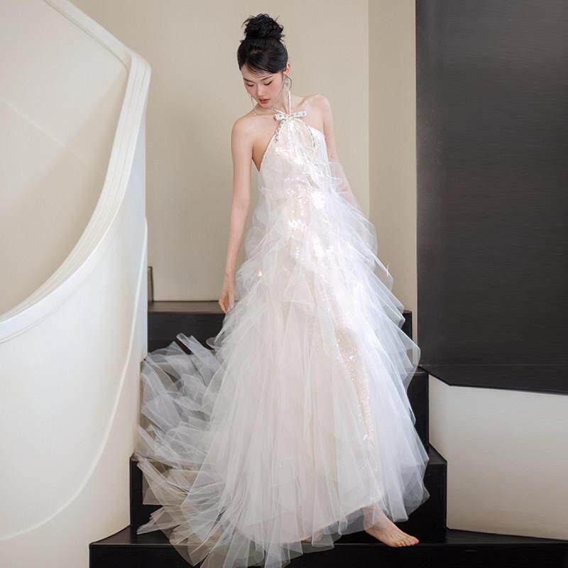 森系晨袍女新娘超仙梦幻轻婚纱挂颈露背订婚宴会成人礼礼服蓬蓬裙