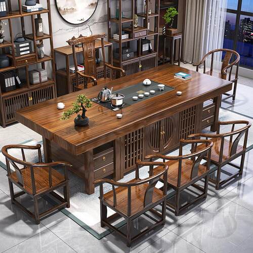 实木大板茶桌椅组合一桌五椅新中式家用茶几办公室原木泡茶台一体