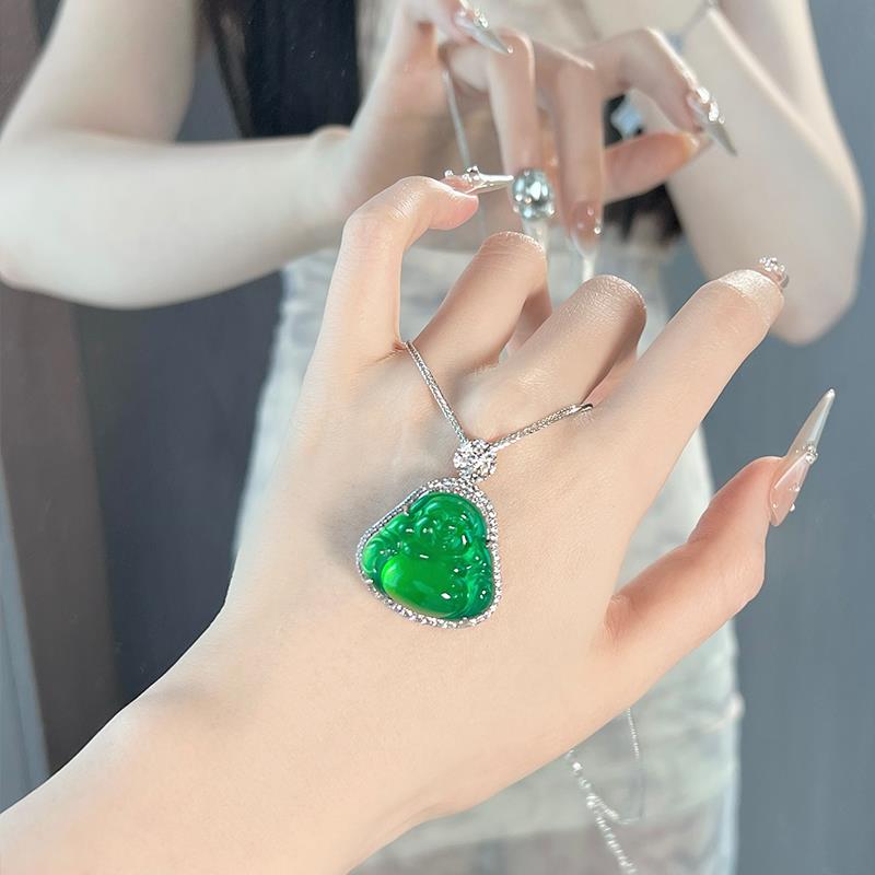 玉髓纯银佛公吊坠阳绿玛瑙玉石弥勒佛项链高级感轻奢小众女生礼物