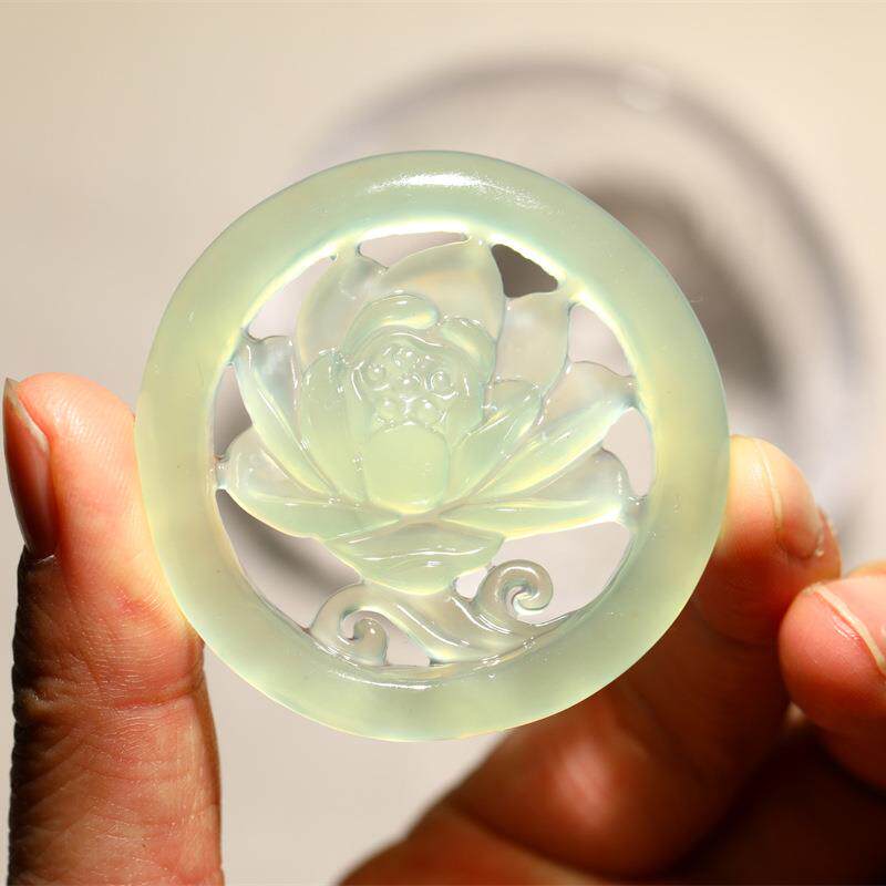 厂家直售 岫玉镂空莲花玉牌冰清玉洁 diy饰品车挂配件吊坠半成品