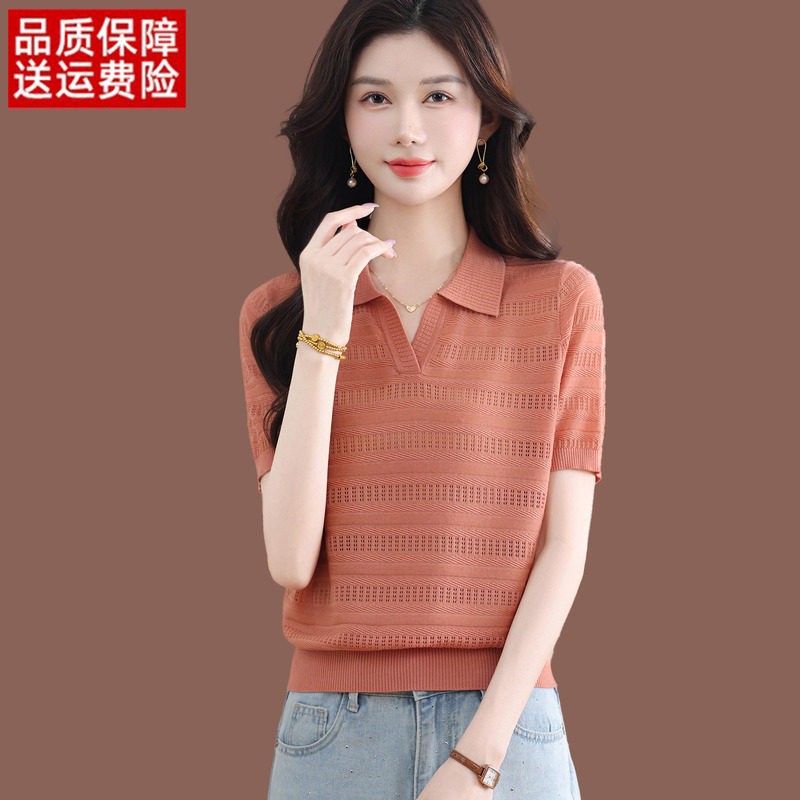 冰丝短袖t恤女夏季新款洋派polo领上衣短款宽松薄款镂空针织小衫