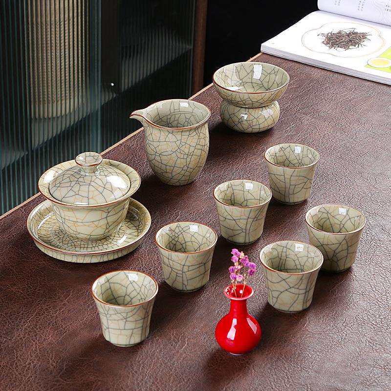 高端金丝铁线传世哥窑汝窑茶具套装中式简约办公家用轻奢送礼茶具