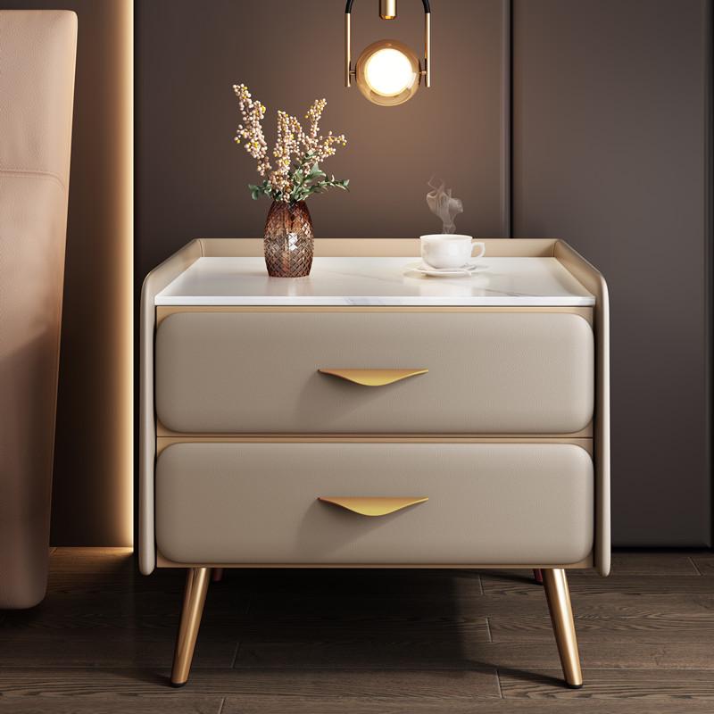 轻奢岩板床头柜免安装简约现代皮质极简床边柜小型卧室实木置物架