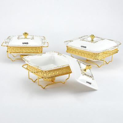 轻奢款正方形陶瓷餐炉铁艺支架酒精加热干锅Chafing dish自助餐炉