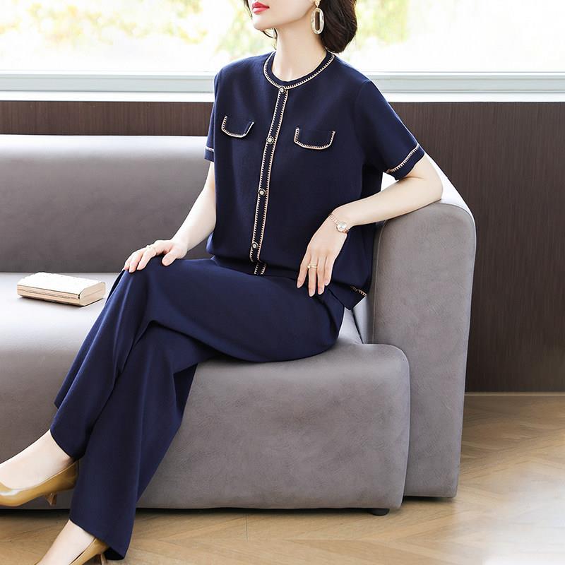 妈妈夏装2025新款五十多岁洋派运动套装中老年女真丝上衣服两件套