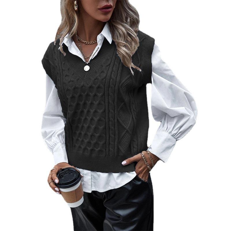 Top V-Neck Knit Cable Sleeveless Vest Knitted Fashion Women