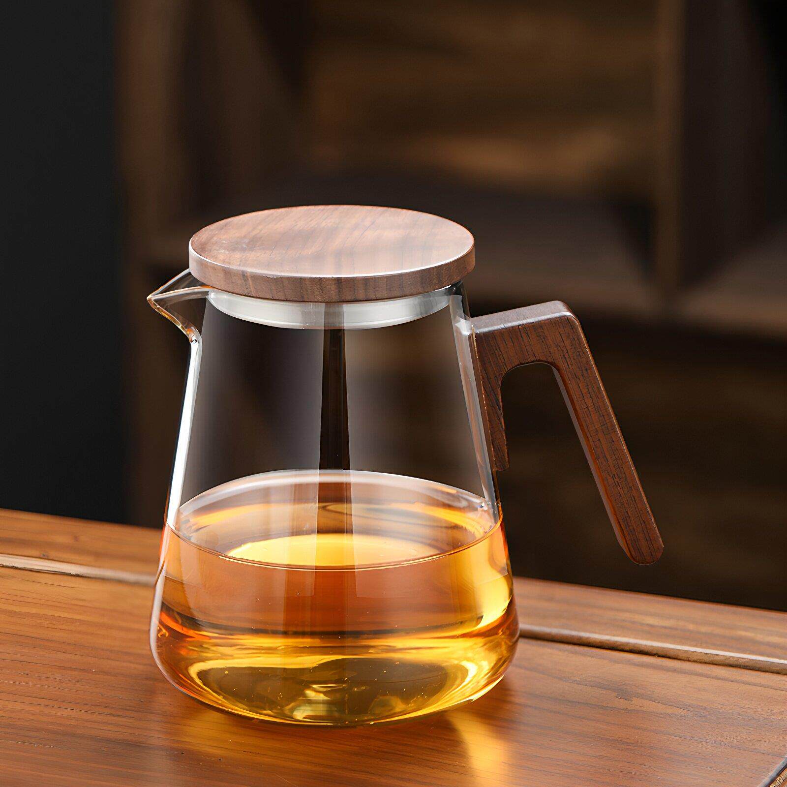 胡桃木玻璃公道杯带盖加厚耐高温家用高档茶具茶漏一体冲茶分茶器