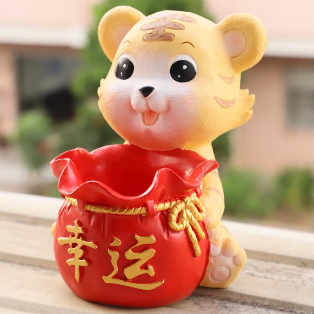 树脂桌面趣味笔筒圆形大容量老虎办公室儿童文具收纳盒创意风摆件