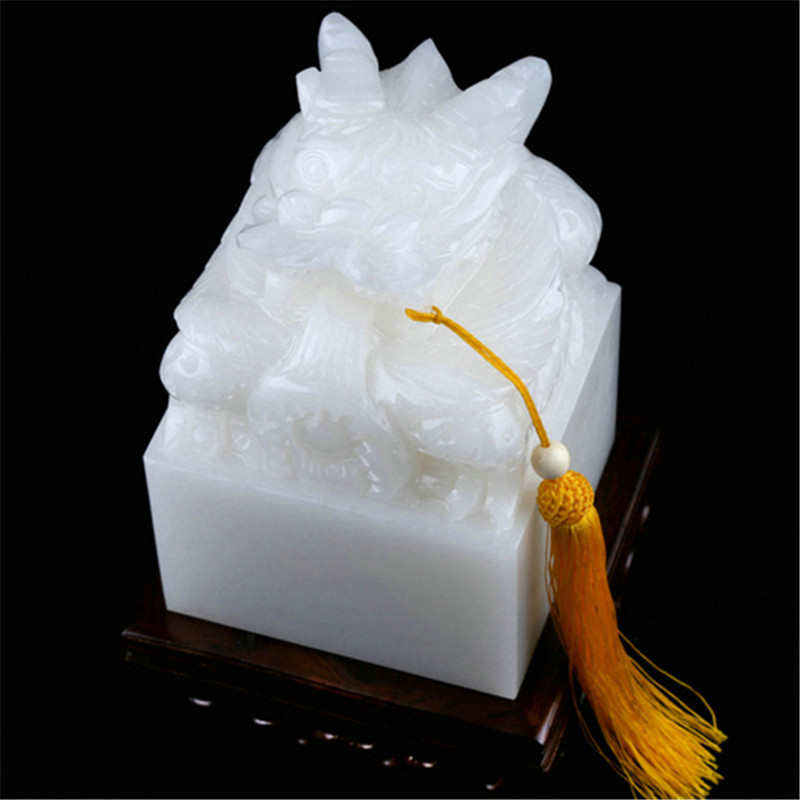 汗白玉玉石大印章龙头玉玺摆件装饰品老板桌创意摆件