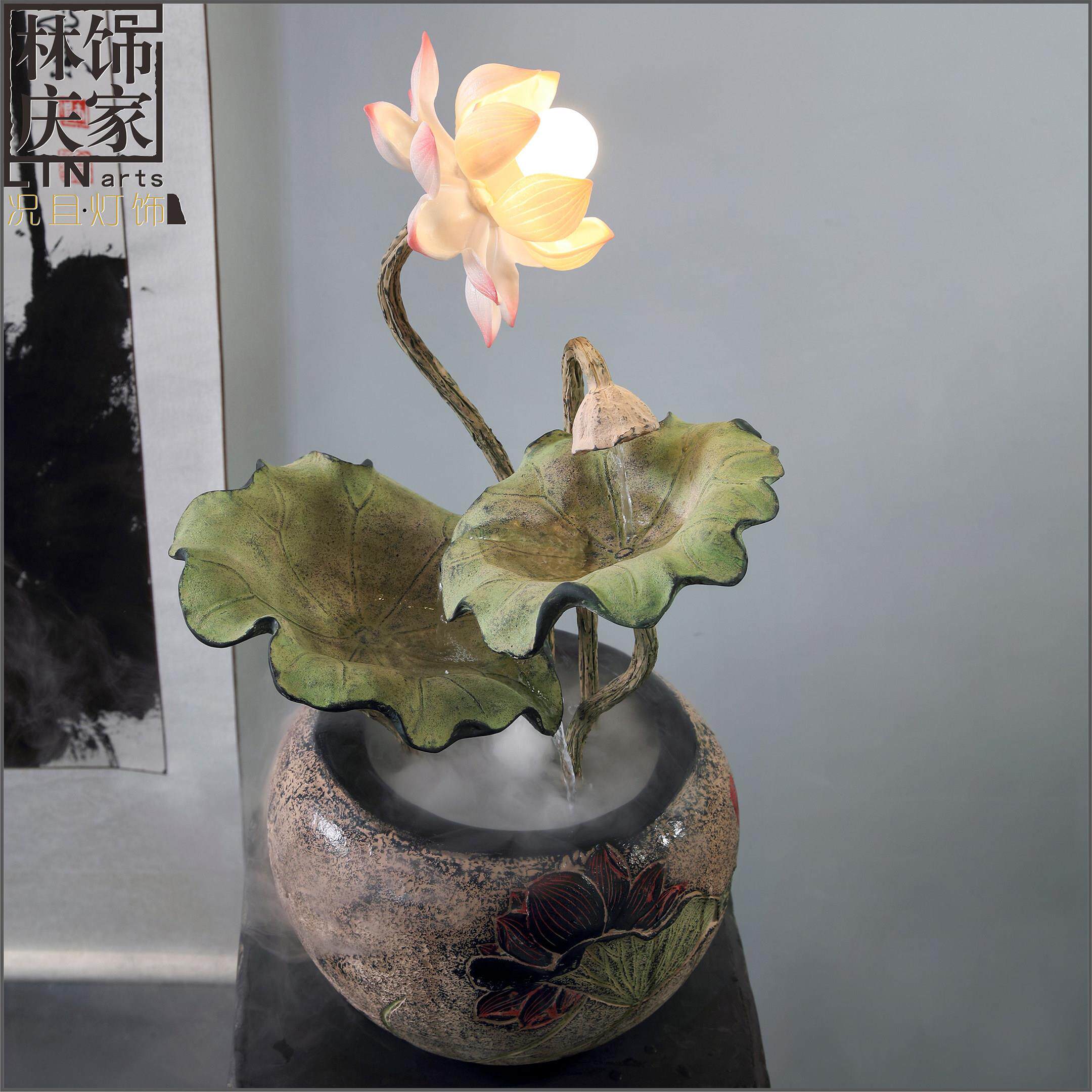 新中式客厅桌面荷花灯流水喷泉装饰摆饰书房茶室摆设和气生财水景