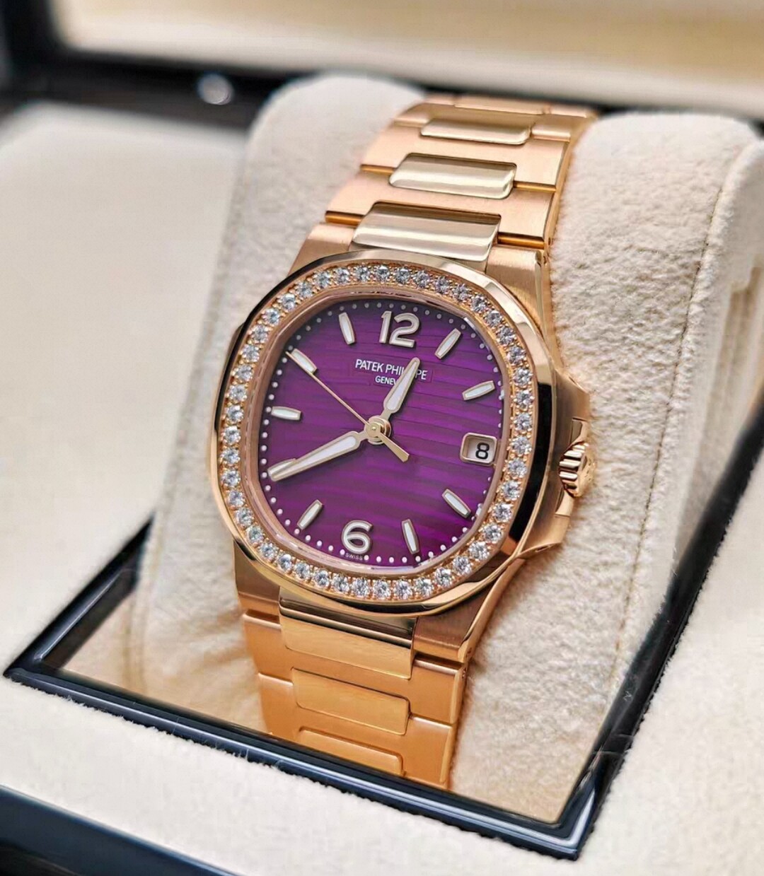 99新全套32mm百达翡丽鹦鹉螺玫瑰金原钻7010/1R-013石英女表正品图片