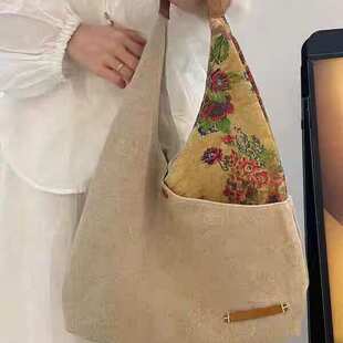 【山下有颗松】新中式复古棉麻水墨印花三角帆布袋夏季单肩托特包