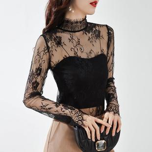 1219e 网纱打底衫 黑色蕾丝上衣女内搭镂空薄款 纱衣高级性感时尚
