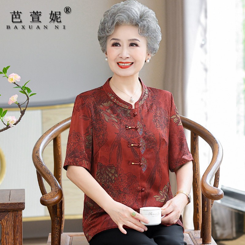 奶奶夏装中式国风短袖老年人衬衫女妈妈套装老太太唐装衬衫上衣服