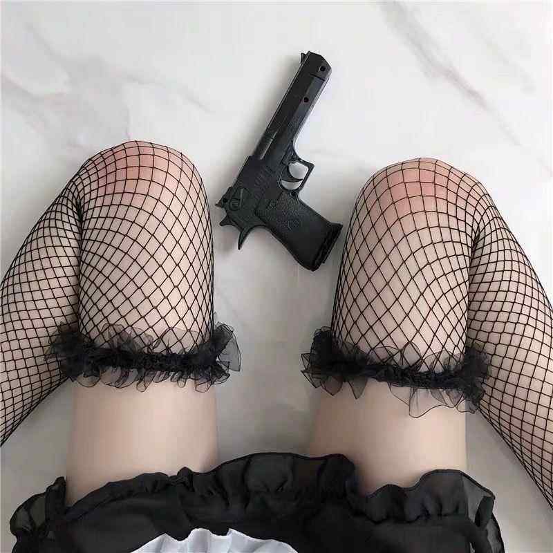 日系性感网纱女中长筒袜洛丽塔过膝袜子花边渔网袜黑丝袜厂家定制