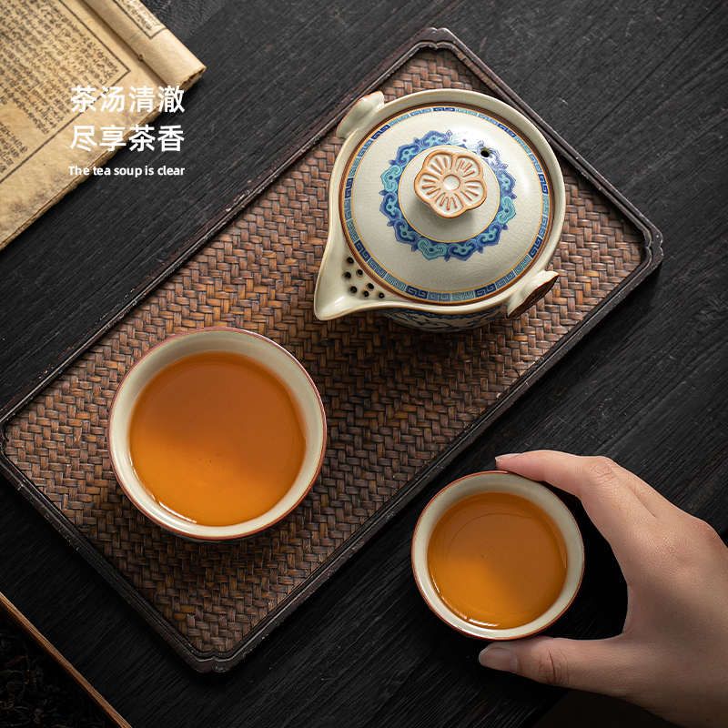 汝窑便携式旅行茶具套装简易户外手抓泡茶壶茶杯青花瓷露营快客杯