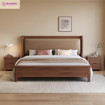 现代简约1.5米软靠婚床新中式金丝胡桃木实木主卧大床双人1.8x2米