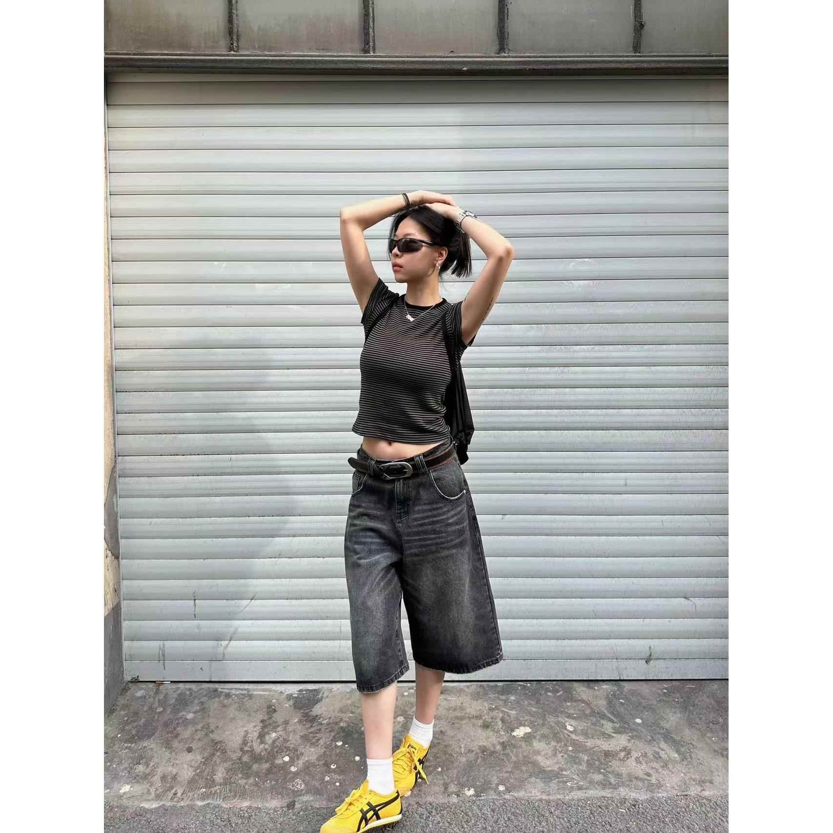 美式黑色牛仔裤低腰七分裤女辣妹宽松直筒休闲裤子水洗中裤五分裤