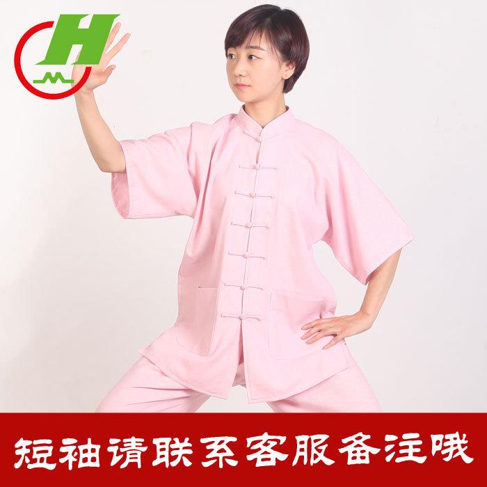 红棉太极拳服夏季女亚麻短袖武术练功服 棉麻透气晨练服男款女士