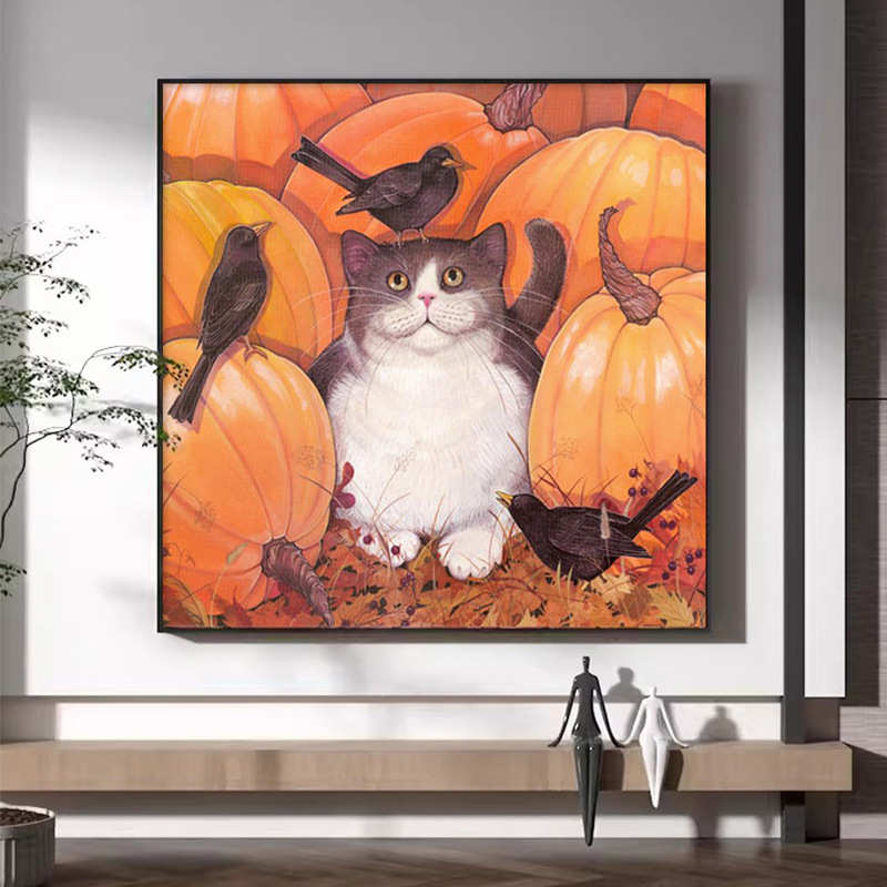 现代简约客厅玄关装饰画橙色南瓜小猫动物挂画沙发背景墙清新壁画图片