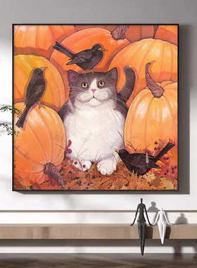 现代简约客厅玄关装饰画橙色南瓜小猫动物挂画沙发背景墙清新壁画