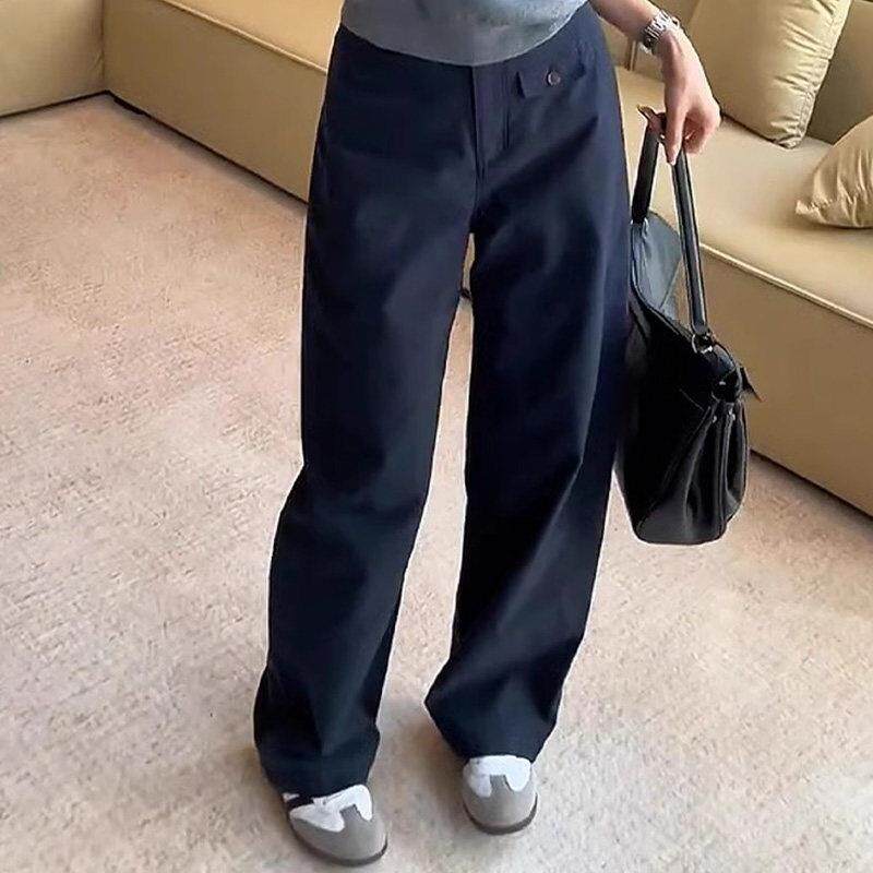 藏青色美式工装裤女夏季欧货2025新款大码宽松显瘦直筒拖地长裤子
