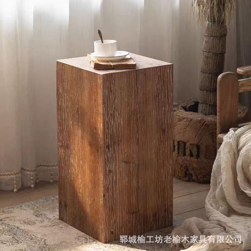 复古老榆木小型茶几方形凳客厅边几角几卧室床头柜实木方墩木墩子