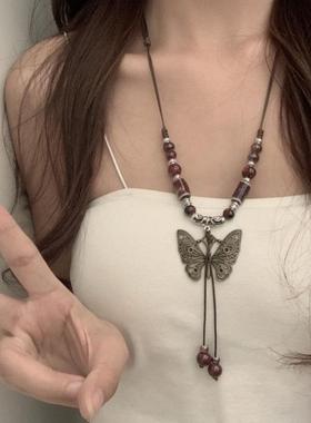 毛衣挂饰项链女轻奢高级感民族风项链复古百搭蝴蝶颜色釉吊坠长款