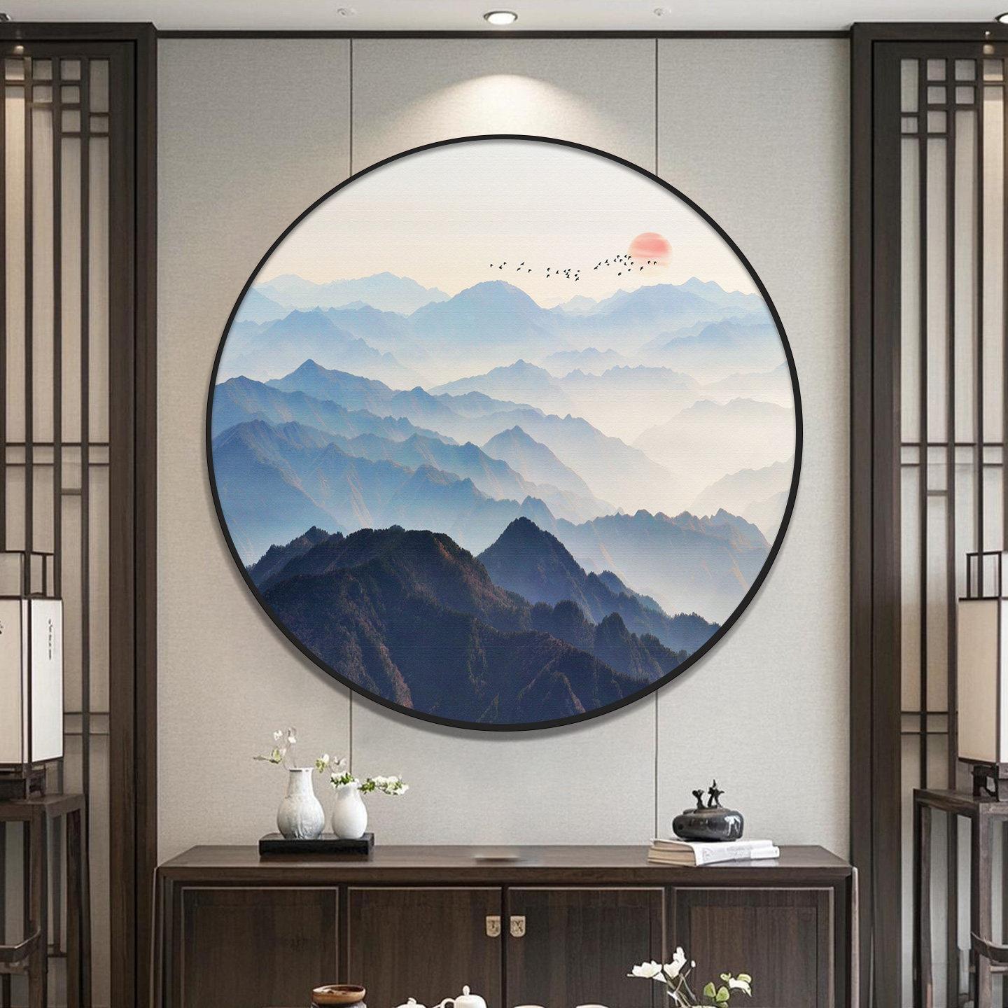 茶室装饰画圆形山水画新中式挂画玄关客厅背景墙壁画办公室靠山图