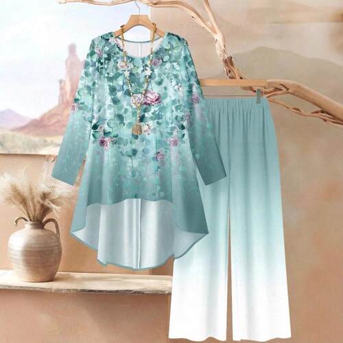 printed irregular long-sleeved top and elastic waist