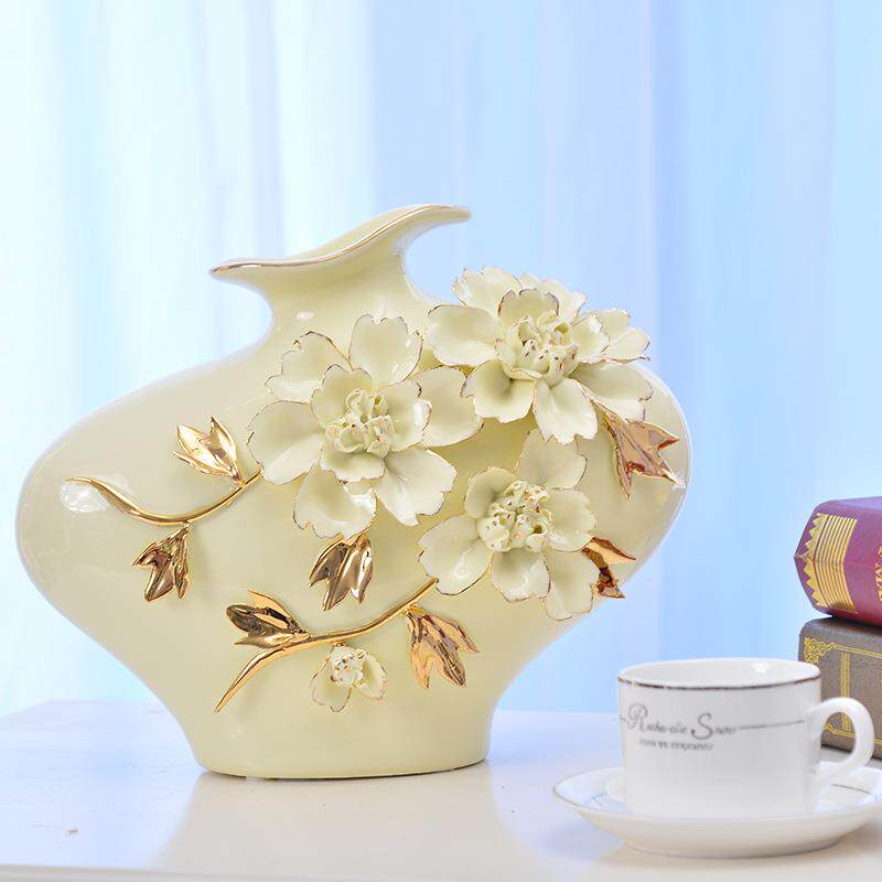欧式高档陶瓷花瓶描金玫瑰花工艺品精美卧室客厅家居装饰品摆件