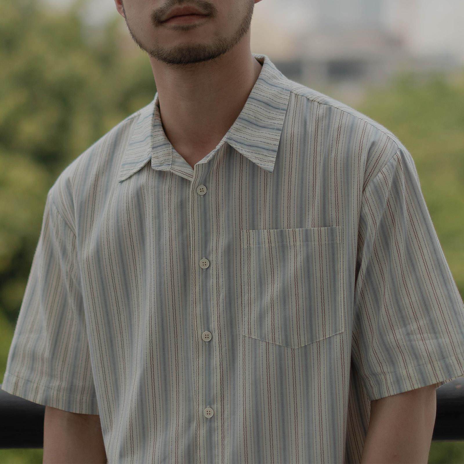 雾撞山野夏季港风原创条纹衬衫男短袖日系复古设计感休闲宽松衬衣