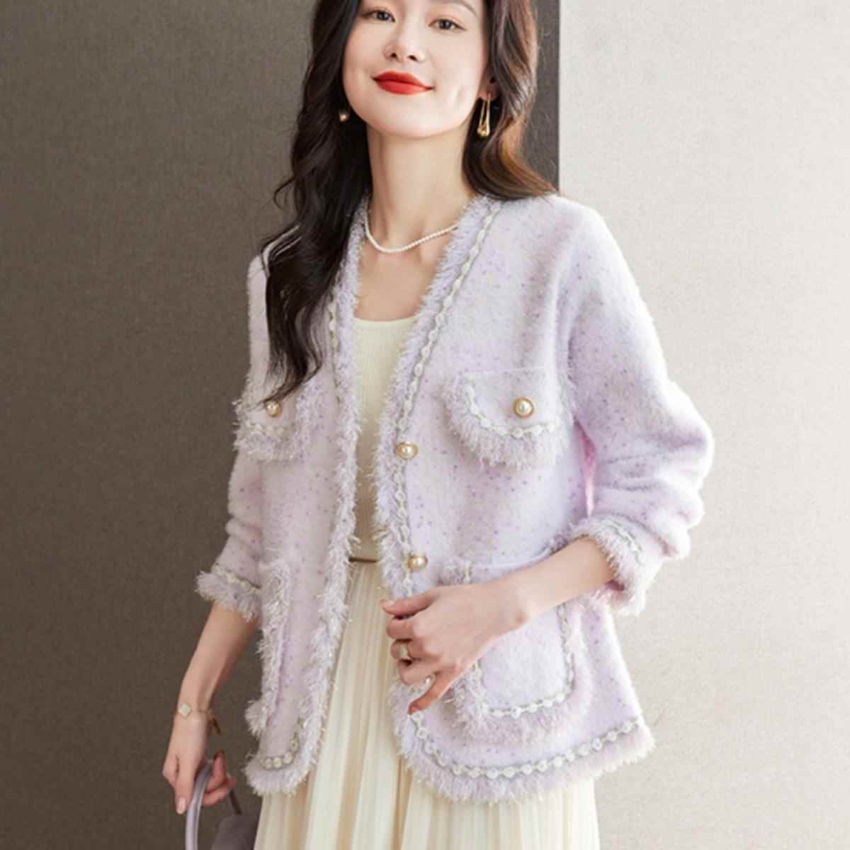 秋季新款时尚小香风毛衣外套女宽松超好看流苏亮丝针织开衫上衣厚