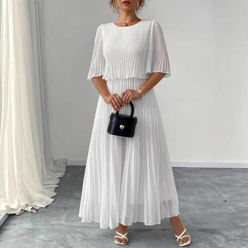 Women Casual Ruffled Dress Gentle Plain Pattern Seasons Wear