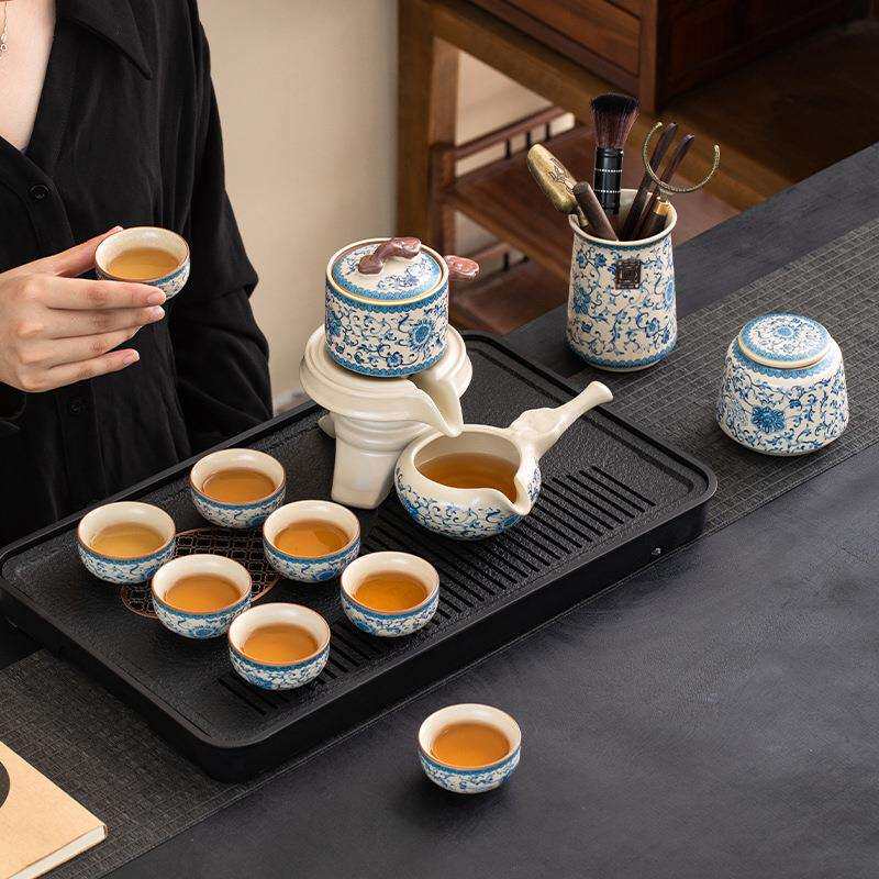 青花米黄汝窑懒人自动茶具套装家用整套办公室泡茶喝茶功夫泡茶器