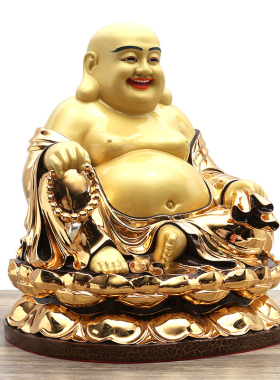 圆通佛具弥勒佛大肚佛开口笑佛台湾全铜鎏金莲花座弥勒像客厅摆件