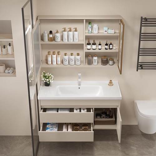 LQ奶油风智能实木浴室柜组合陶瓷一体盆小户型卫生间洗手洗脸洗