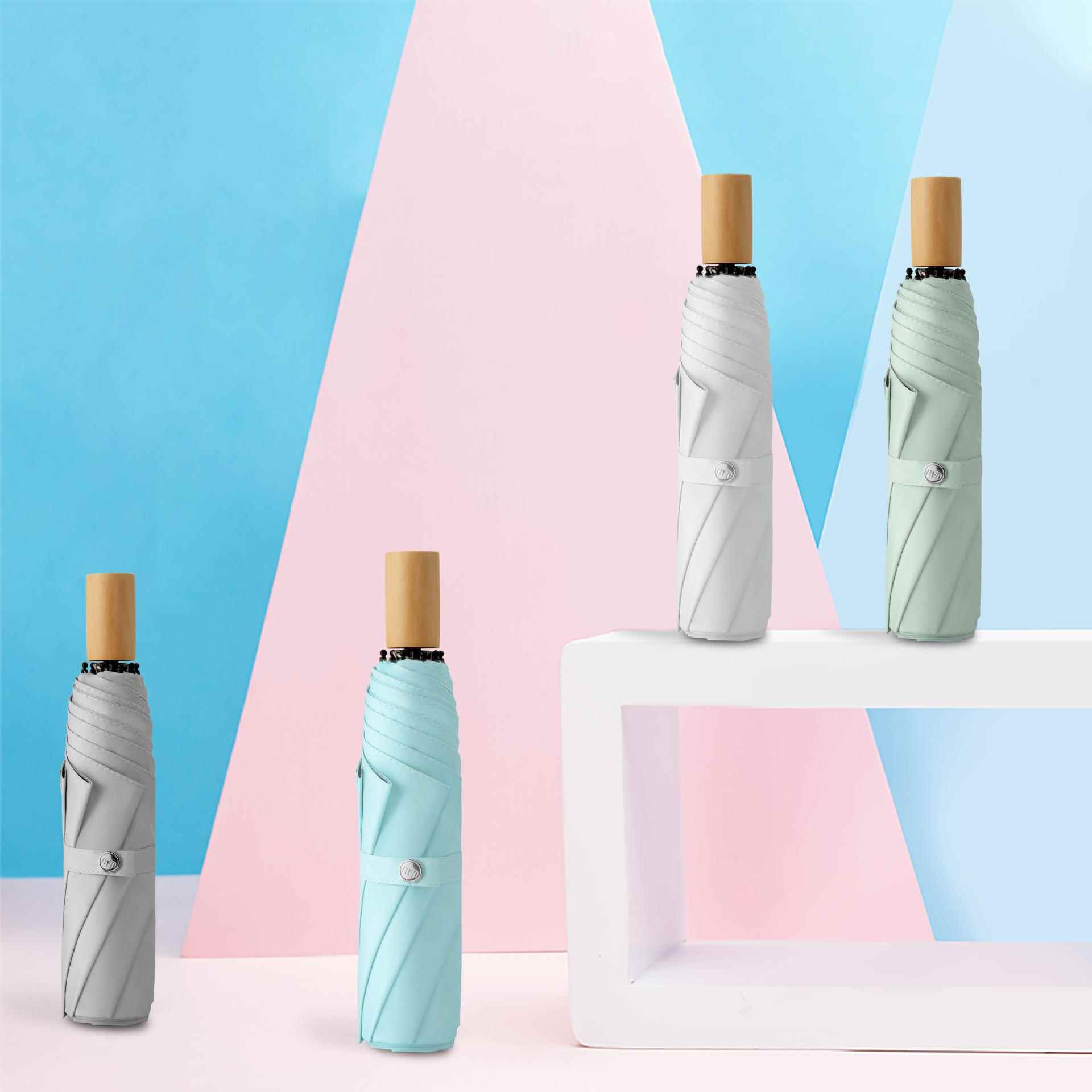 创意三折木柄伞 黑胶骨小清新黑胶太阳雨伞遮阳防晒素色折叠雨伞