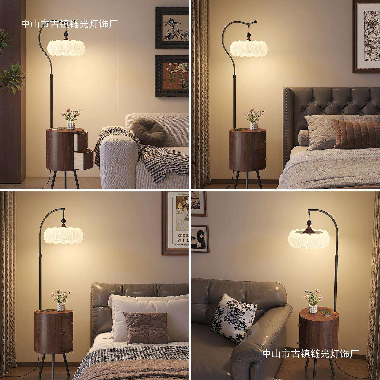 中古风落地灯法式复古胡桃木色氛围感客厅沙发旁卧室床头柜一体灯