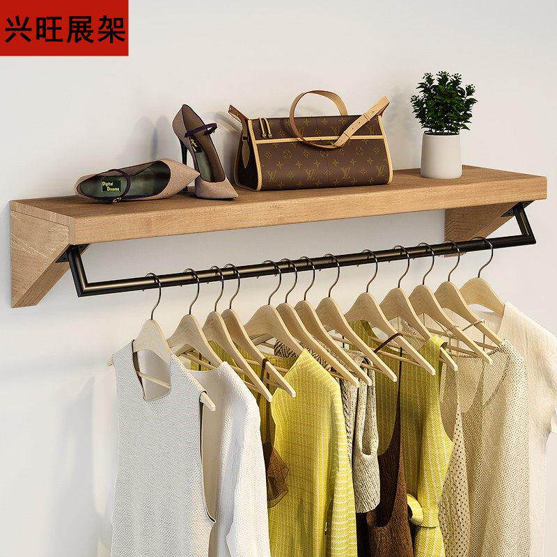 复古服装店上墙展示架壁挂式实木质挂衣架包包鞋店鞋架装饰置物架