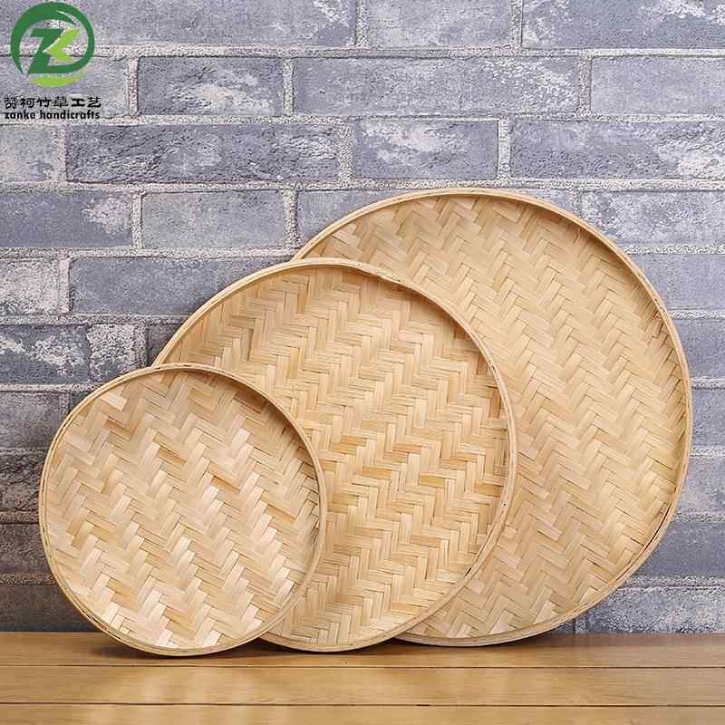 现货竹编圆簸箕 手工编织竹筛子竹匾 创意绘画托盘竹制品装饰