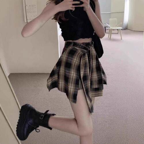 Women's Plaid Print Knot Front Asymmetrical Skirt Casual