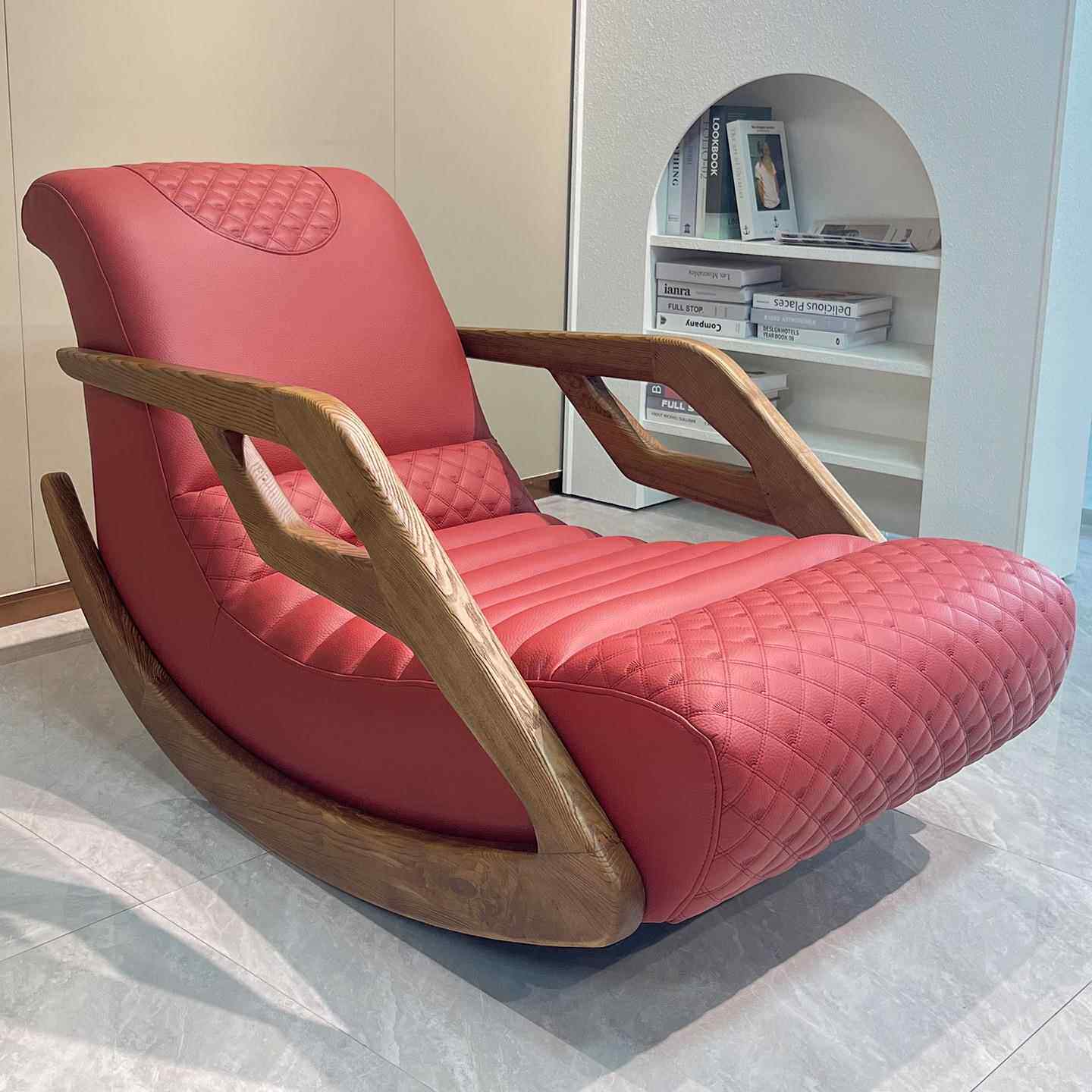 中古风高实端轻奢JKZ白木蜡木扶手摇摇躺椅家用客厅沙发油蜡皮单