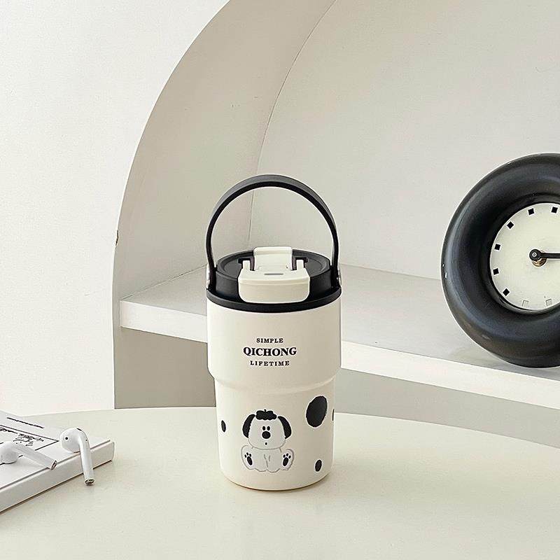 陶瓷内胆双饮咖啡杯外出携带小狗保温保冷杯小巧吸管水杯子高颜值