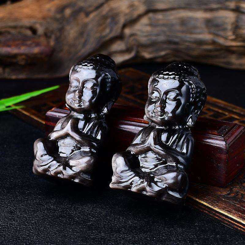 天然银曜石宝宝佛摆件黑曜石原石雕刻车载水晶装饰工艺品