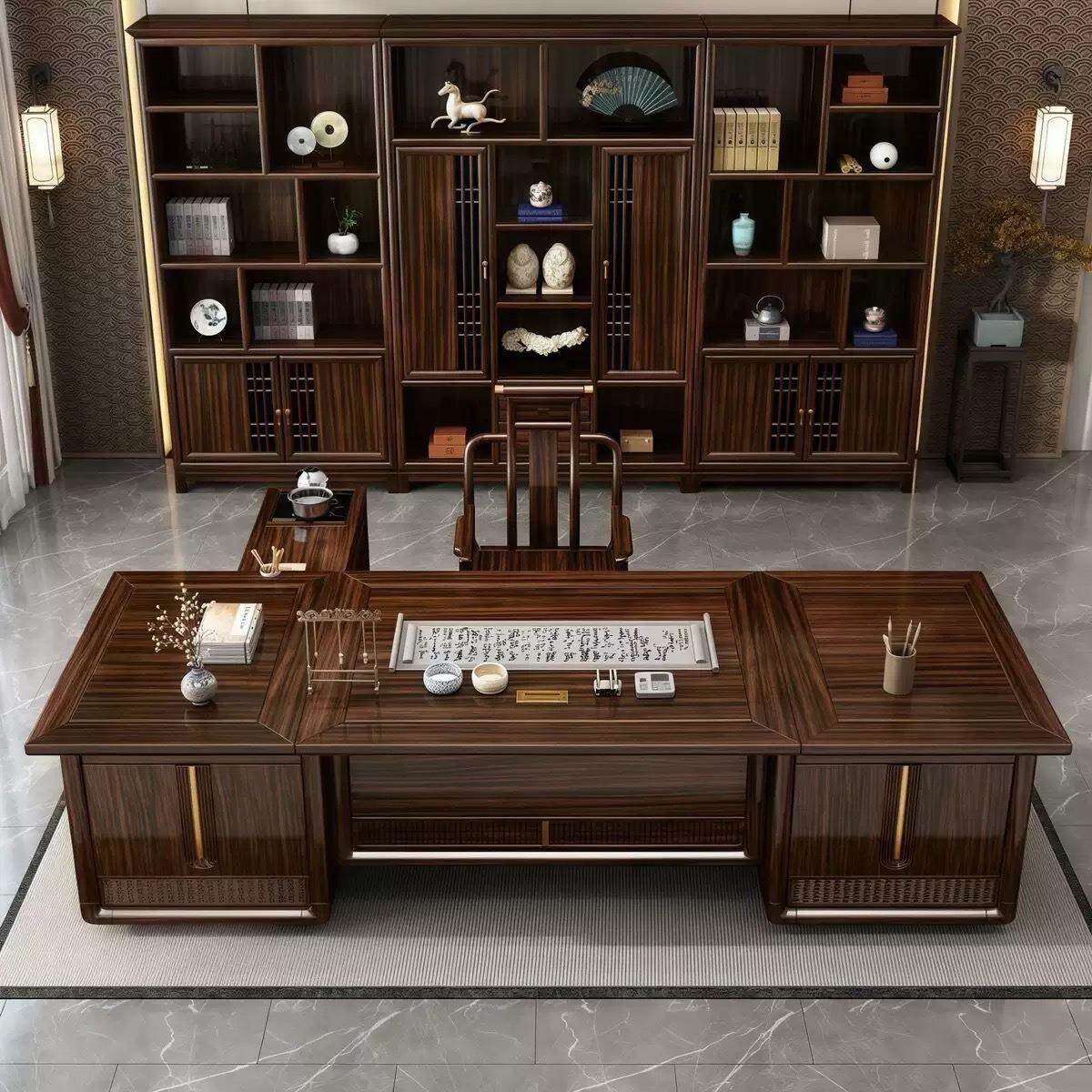 新中式老板桌办公桌组合实木现代大班台高端轻奢总裁桌办公室家具