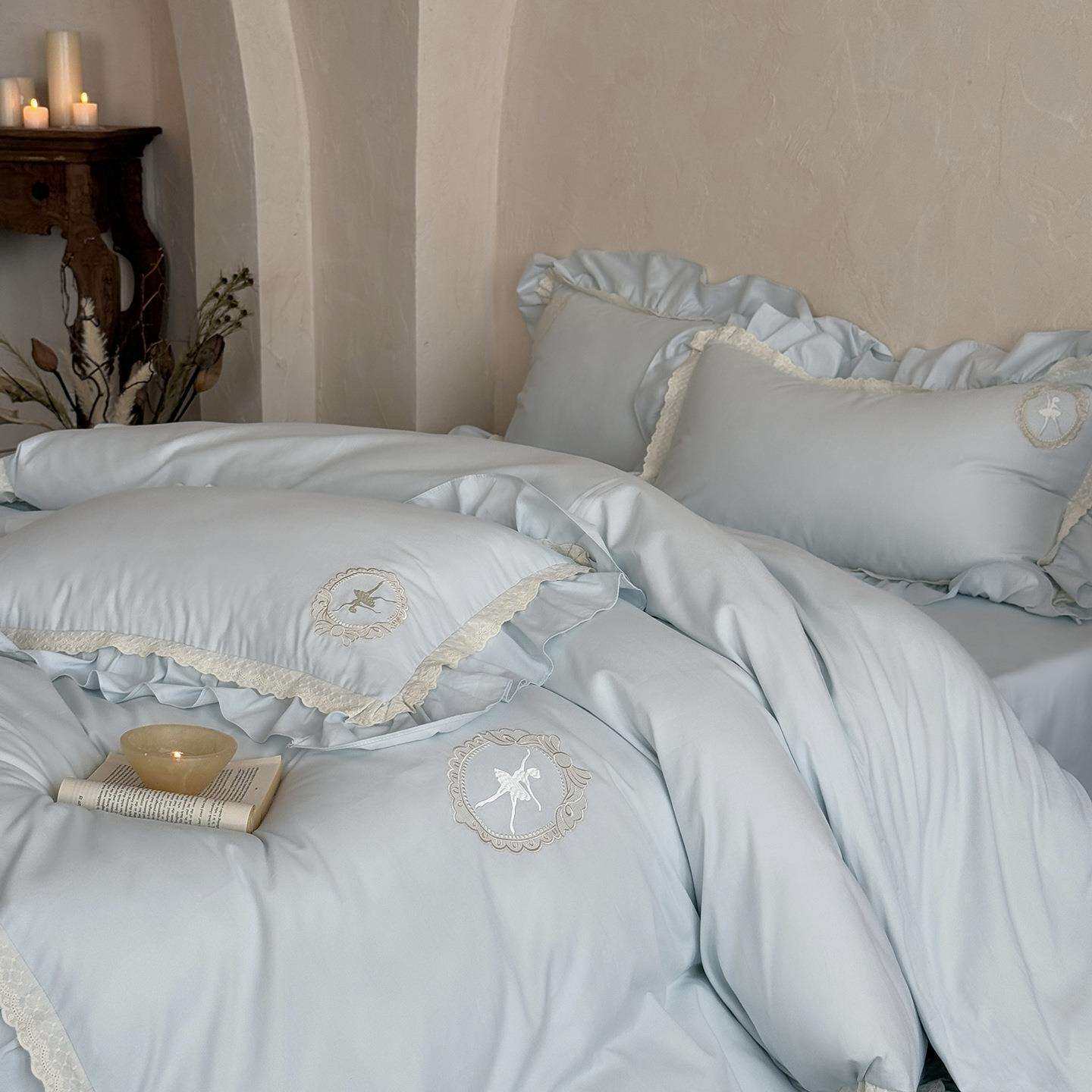 韩式小清新少女风全棉磨毛四件套秋冬加厚木耳花边被套床品蓝色